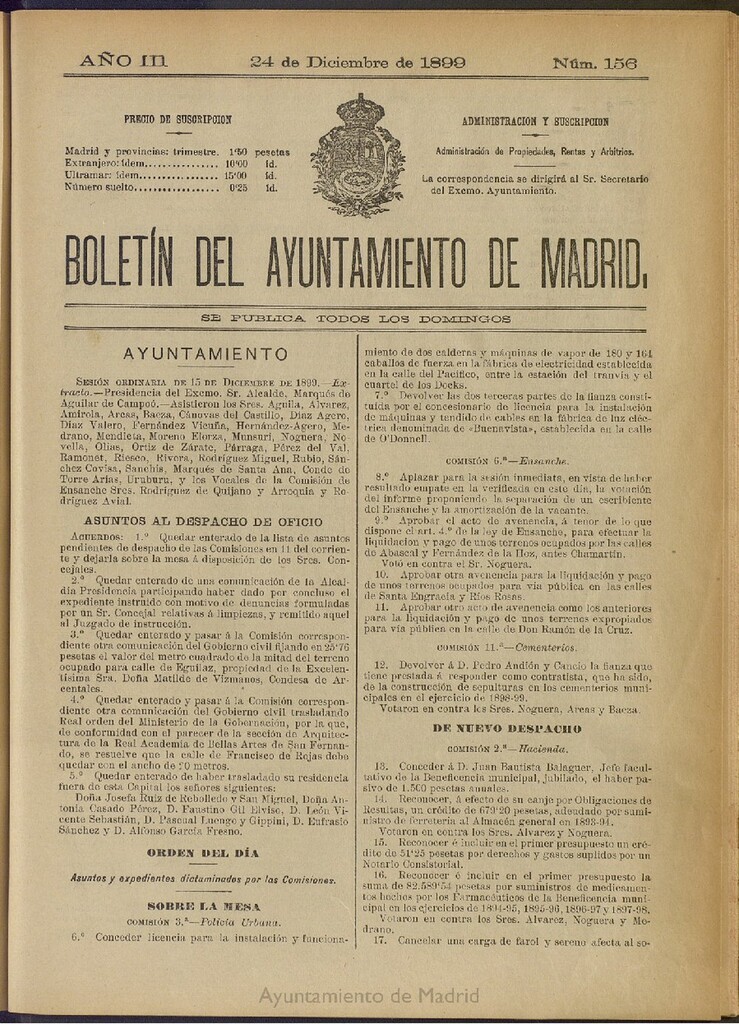 Miniatura de Boletín Oficial del Ayuntamiento de Madrid de 24 de diciembre de 1899, nº 156