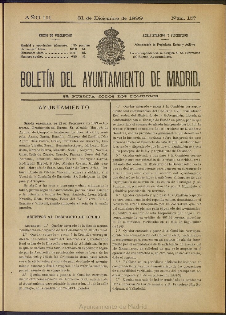 Miniatura de Boletín Oficial del Ayuntamiento de Madrid de 31 de diciembre de 1899, nº 157