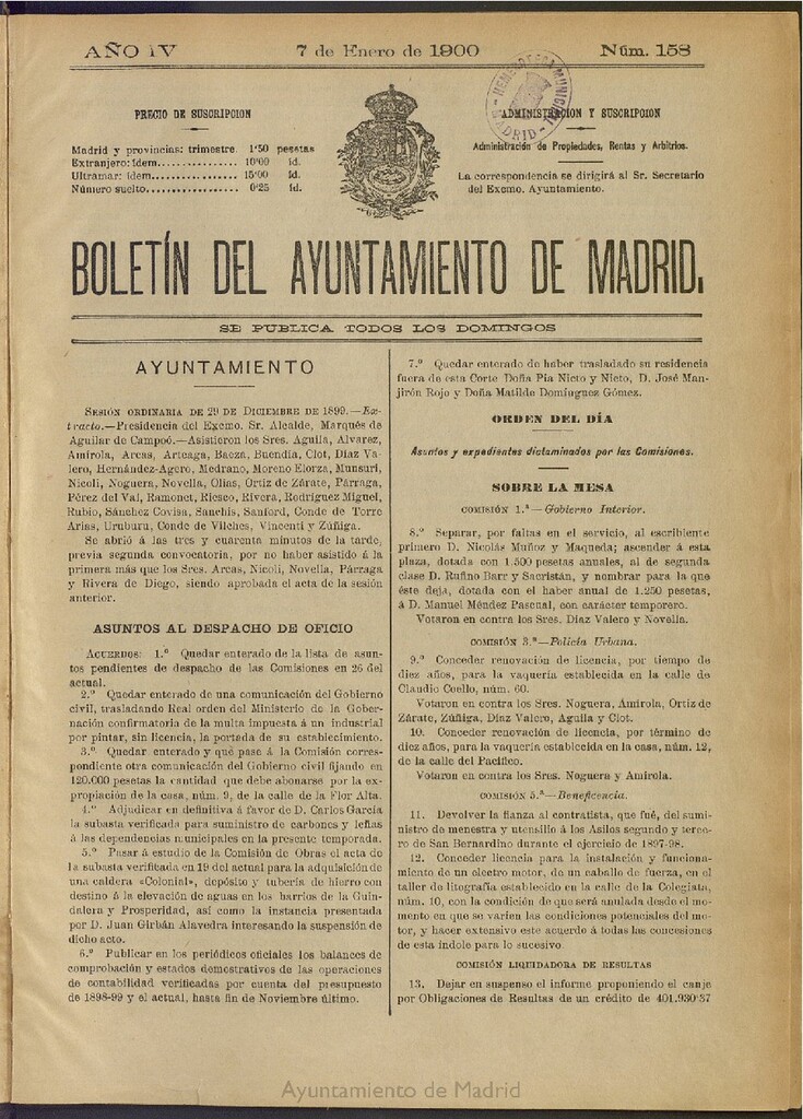 Miniatura de Boletín Oficial del Ayuntamiento de Madrid de 07 de enero de 1900, nº 158