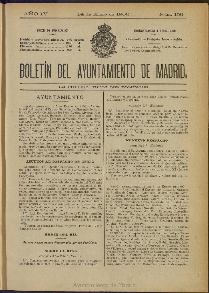Miniatura de Boletín Oficial del Ayuntamiento de Madrid de 14 de enero de 1900, nº 159