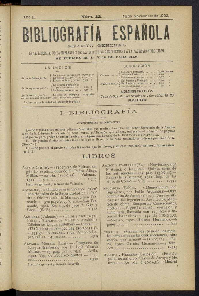 Miniatura de Bibliografía Española del 16 de noviembre de 1902