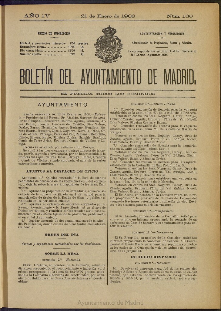 Miniatura de Boletín Oficial del Ayuntamiento de Madrid de 21 de enero de 1900, nº 160