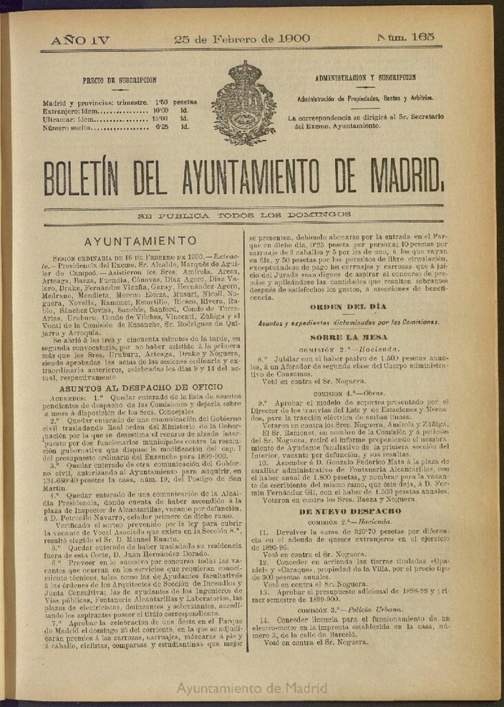 Miniatura de Boletín Oficial del Ayuntamiento de Madrid de 25 de febrero de 1900, nº 165