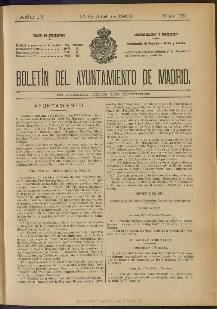Miniatura de Boletín Oficial del Ayuntamiento de Madrid de 15 de abril de 1900, nº 172