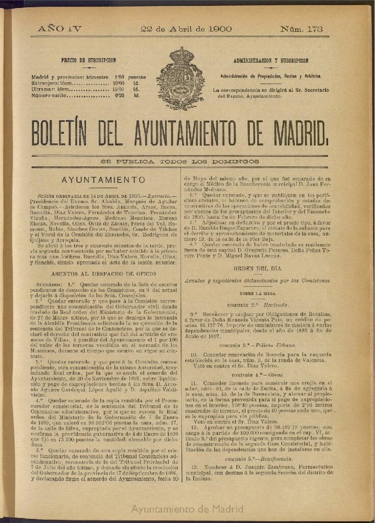 Miniatura de Boletín Oficial del Ayuntamiento de Madrid de 22 de abril de 1900, nº 173