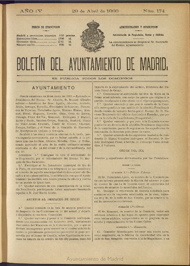 Miniatura de Boletín Oficial del Ayuntamiento de Madrid de 29 de abril de 1900, nº 174