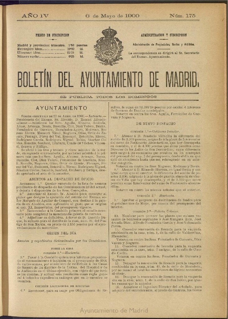 Miniatura de Boletín Oficial del Ayuntamiento de Madrid de 06 de mayo de 1900, nº 175