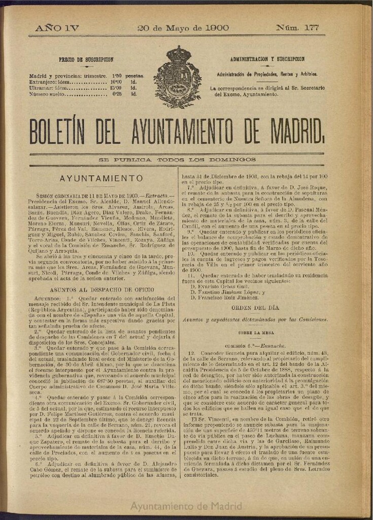 Miniatura de Boletín Oficial del Ayuntamiento de Madrid de 20 de mayo de 1900, nº 177
