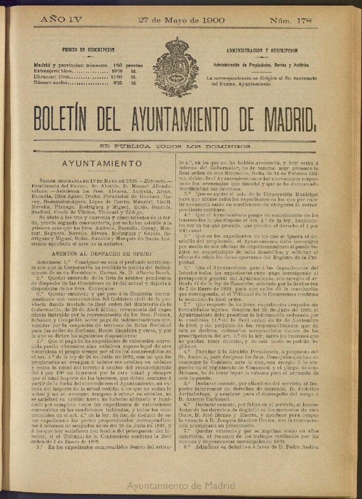 Miniatura de Boletín Oficial del Ayuntamiento de Madrid de 27 de mayo de 1900, nº 178