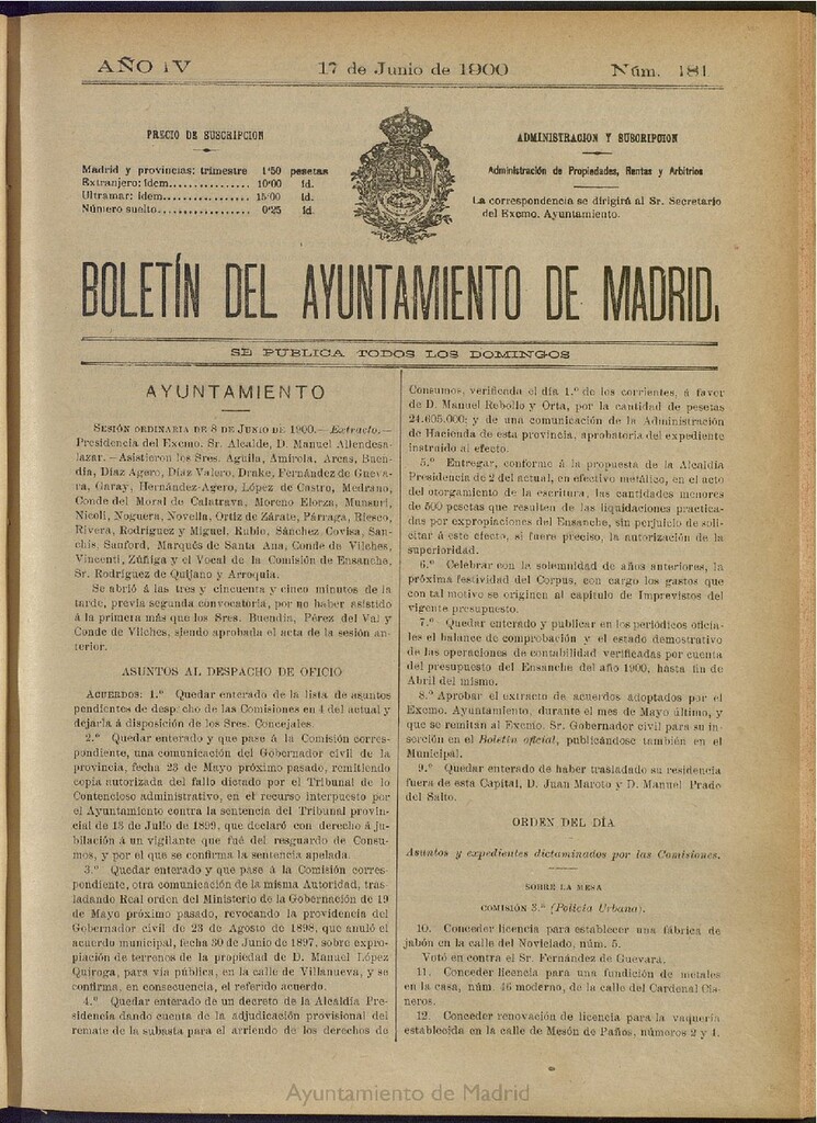Miniatura de Boletín Oficial del Ayuntamiento de Madrid de 17 de junio de 1900, nº 181