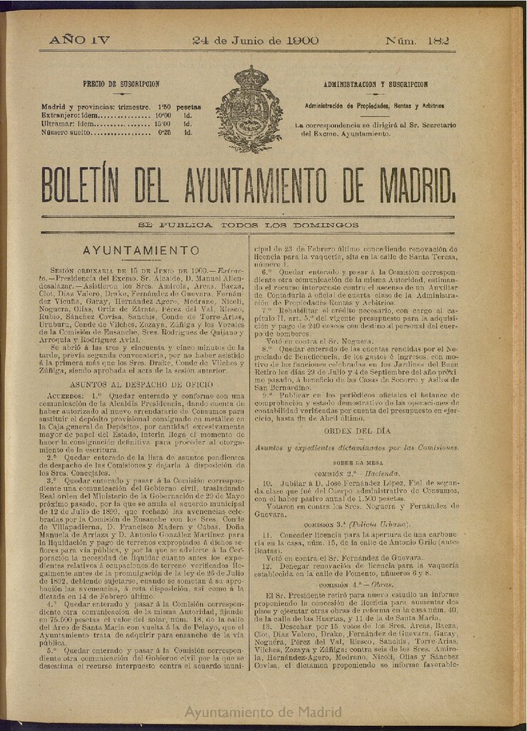Miniatura de Boletín Oficial del Ayuntamiento de Madrid de 24 de junio de 1900, nº 182