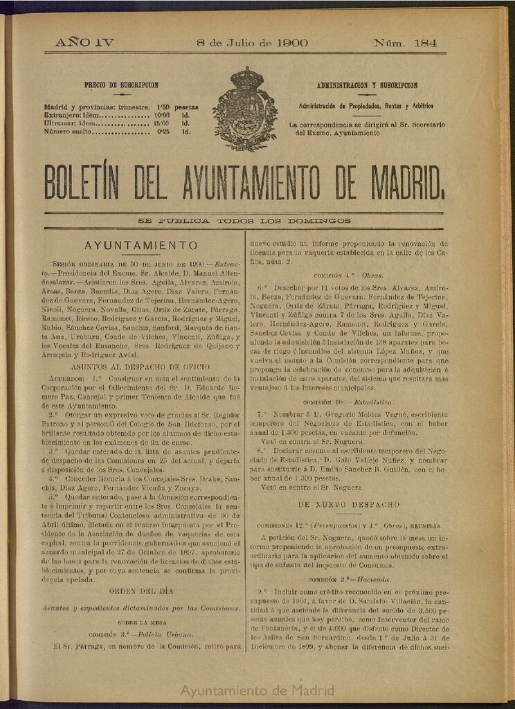 Miniatura de Boletín Oficial del Ayuntamiento de Madrid de 08 de julio de 1900, nº 184