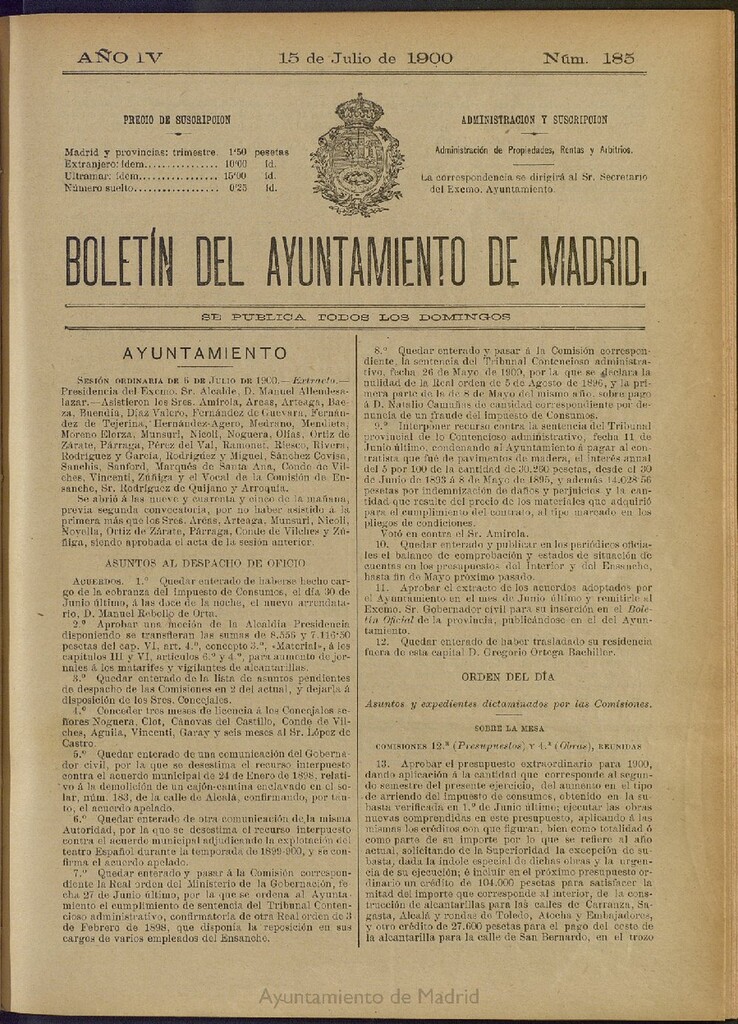 Miniatura de Boletín Oficial del Ayuntamiento de Madrid de 15 de julio de 1900, nº 185