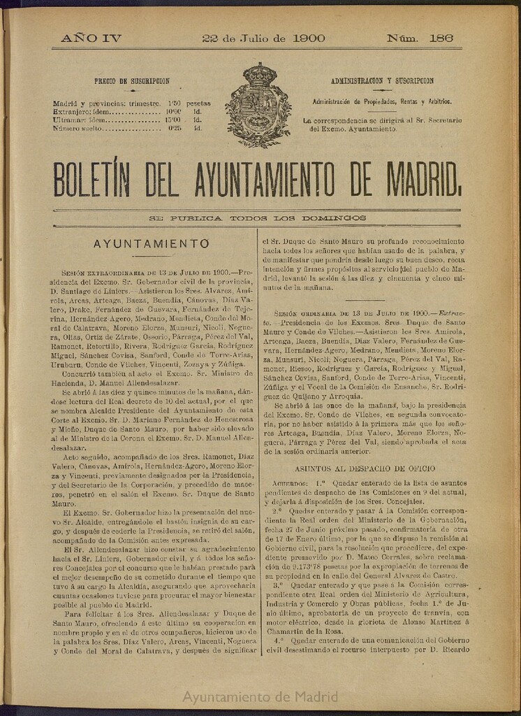 Miniatura de Boletín Oficial del Ayuntamiento de Madrid de 22 de julio de 1900, nº 186