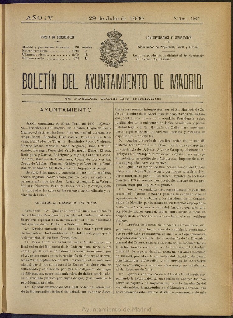 Miniatura de Boletín Oficial del Ayuntamiento de Madrid de 29 de julio de 1900, nº 187