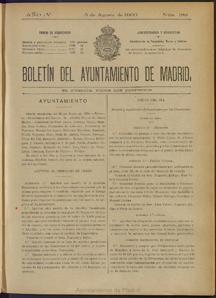 Miniatura de Boletín Oficial del Ayuntamiento de Madrid de 05 de agosto de 1900, nº 188