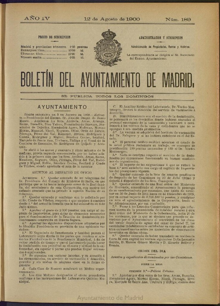 Miniatura de Boletín Oficial del Ayuntamiento de Madrid de 12 de agosto de 1900, nº 189