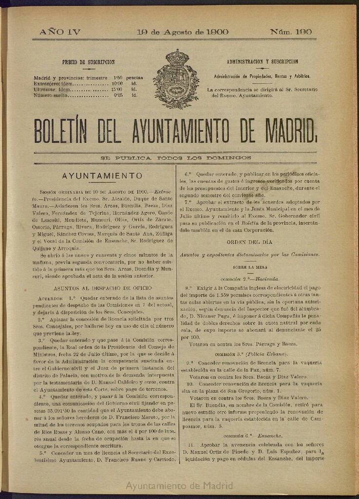 Miniatura de Boletín Oficial del Ayuntamiento de Madrid de 19 de agosto de 1900, nº 190