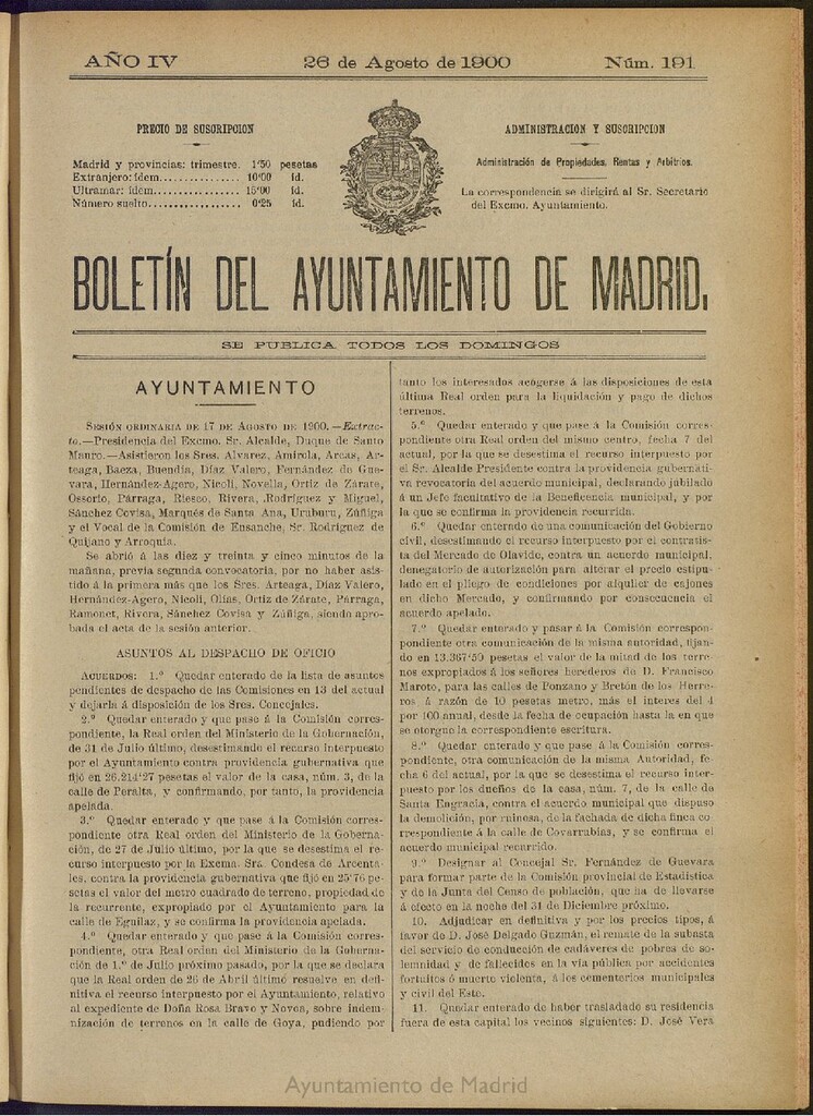 Miniatura de Boletín Oficial del Ayuntamiento de Madrid de 26 de agosto de 1900, nº 191