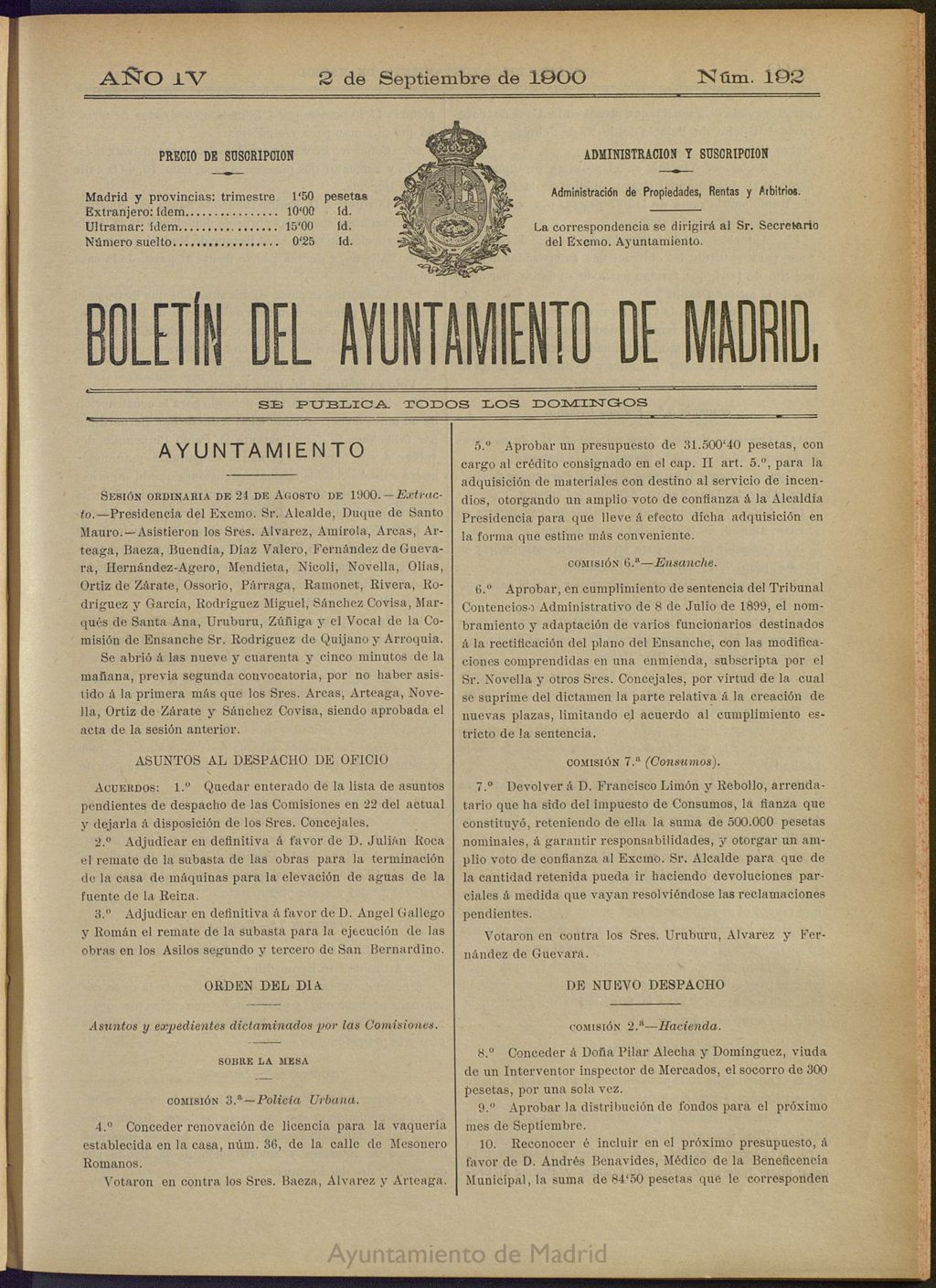 Miniatura de Boletín Oficial del Ayuntamiento de Madrid de 02 de septiembre de 1900, nº 192
