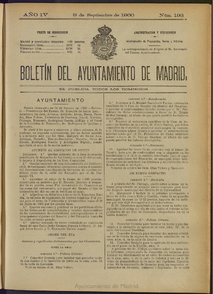 Miniatura de Boletín Oficial del Ayuntamiento de Madrid de 09 de septiembre de 1900, nº 193