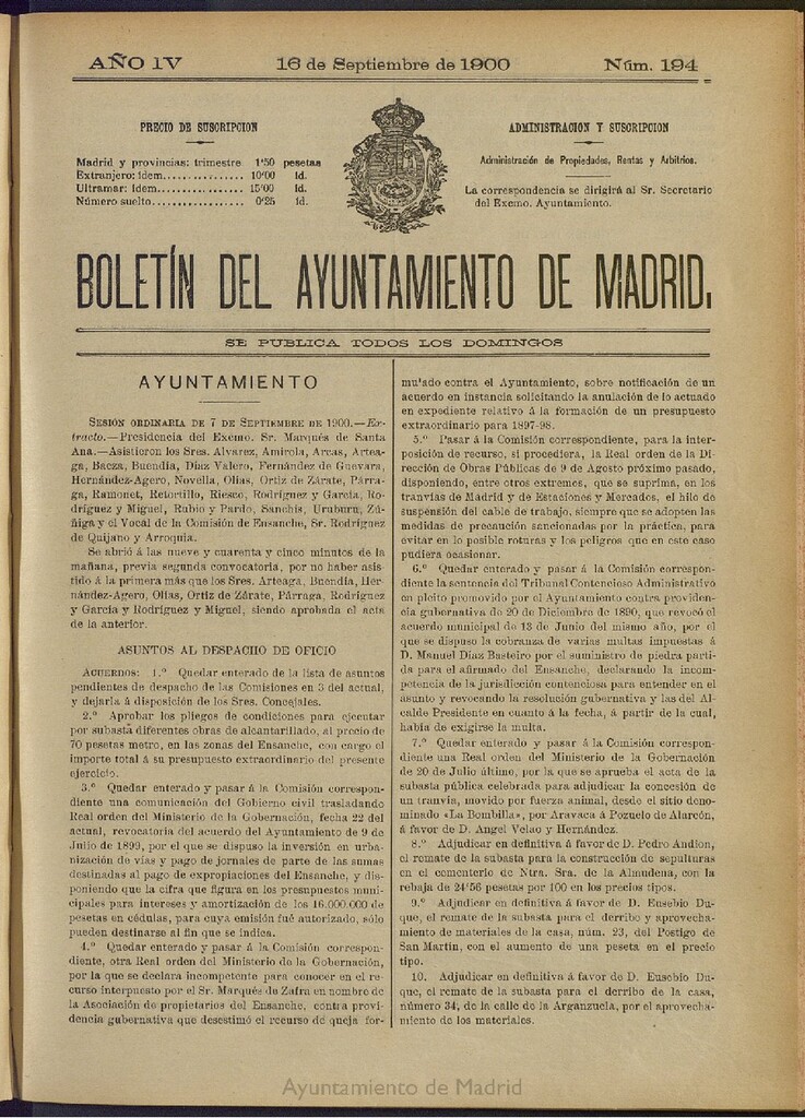 Miniatura de Boletín Oficial del Ayuntamiento de Madrid de 16 de septiembre de 1900, nº 194