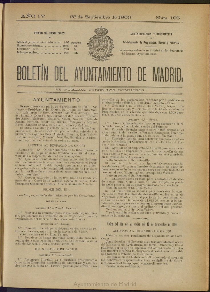 Miniatura de Boletín Oficial del Ayuntamiento de Madrid de 23 de septiembre de 1900, nº 195