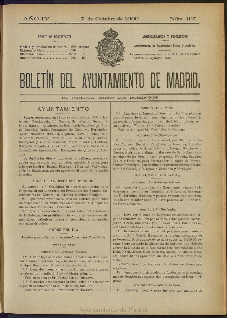 Miniatura de Boletín Oficial del Ayuntamiento de Madrid de 07 de octubre de 1900, nº 197