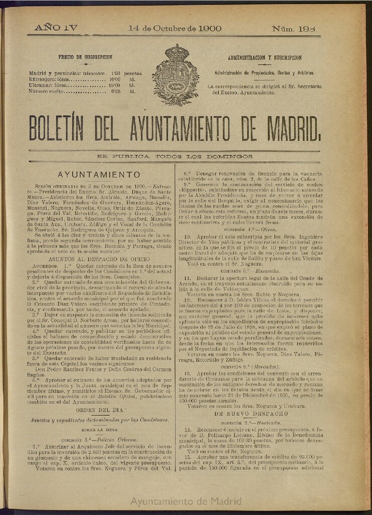 Miniatura de Boletín Oficial del Ayuntamiento de Madrid de 14 de octubre de 1900, nº 198
