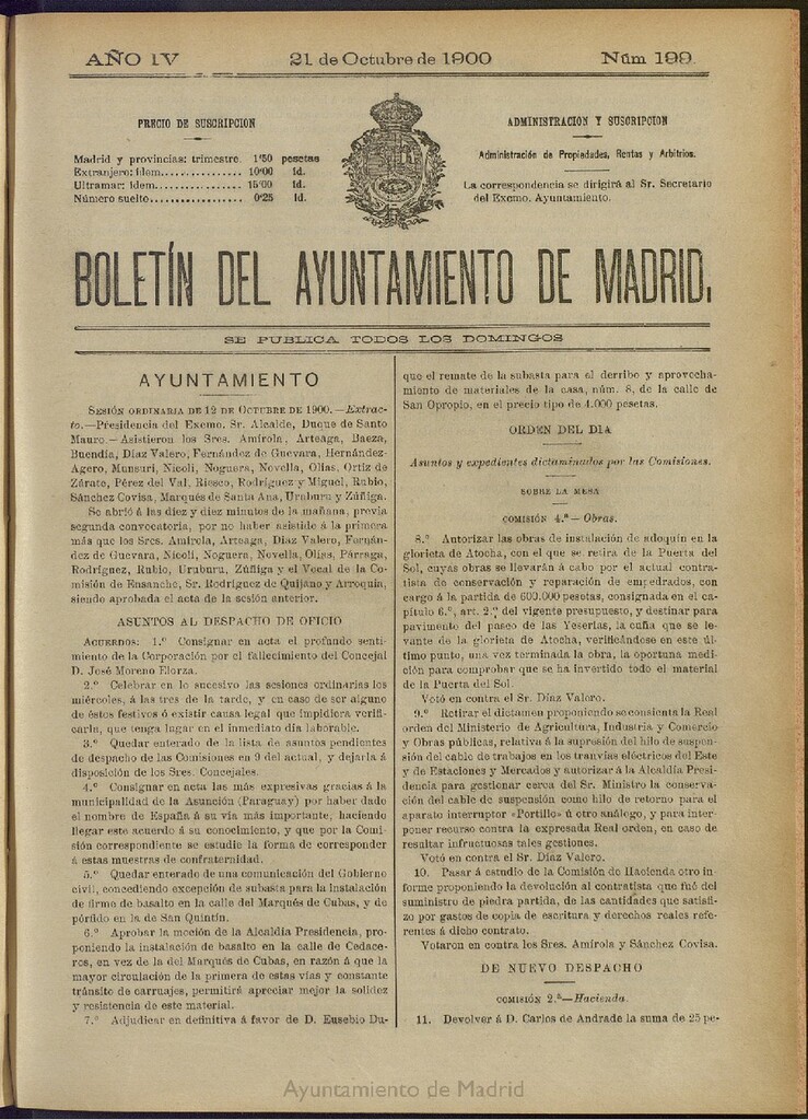 Miniatura de Boletín Oficial del Ayuntamiento de Madrid de 21 de octubre de 1900, nº 199