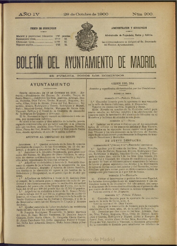 Miniatura de Boletín Oficial del Ayuntamiento de Madrid de 28 de octubre de 1900, nº 200