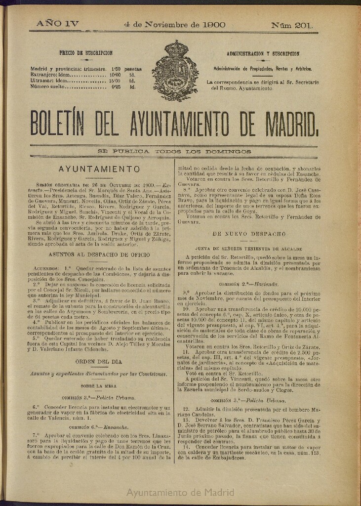 Miniatura de Boletín Oficial del Ayuntamiento de Madrid de 04 de noviembre de 1900, nº 201