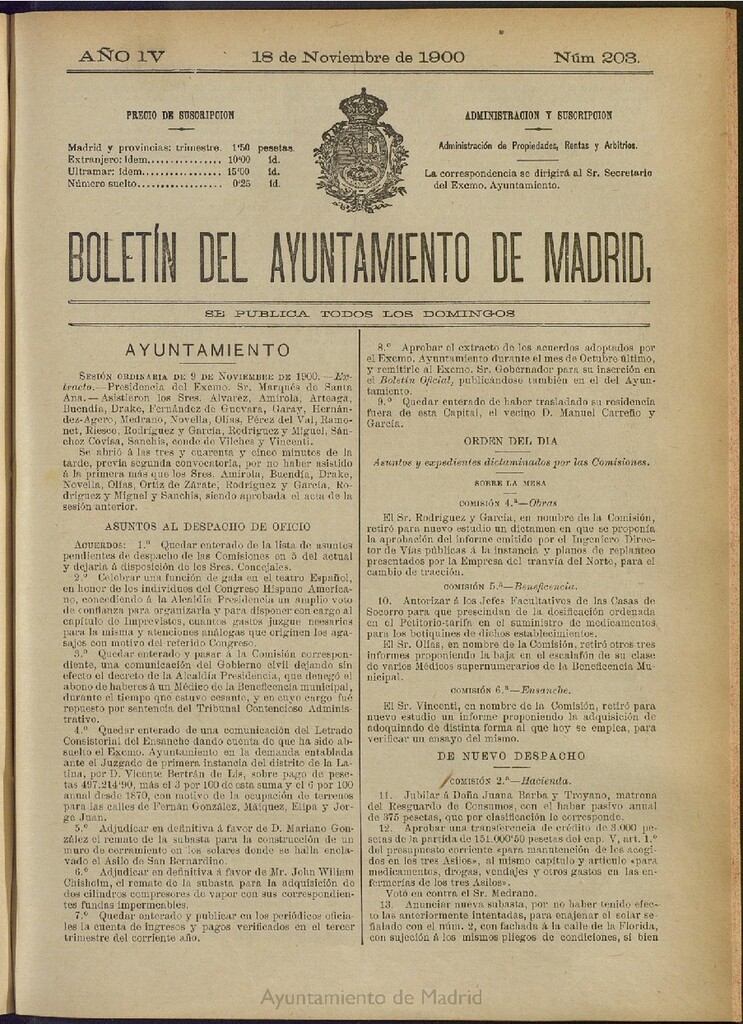Miniatura de Boletín Oficial del Ayuntamiento de Madrid de 18 de noviembre de 1900, nº 203