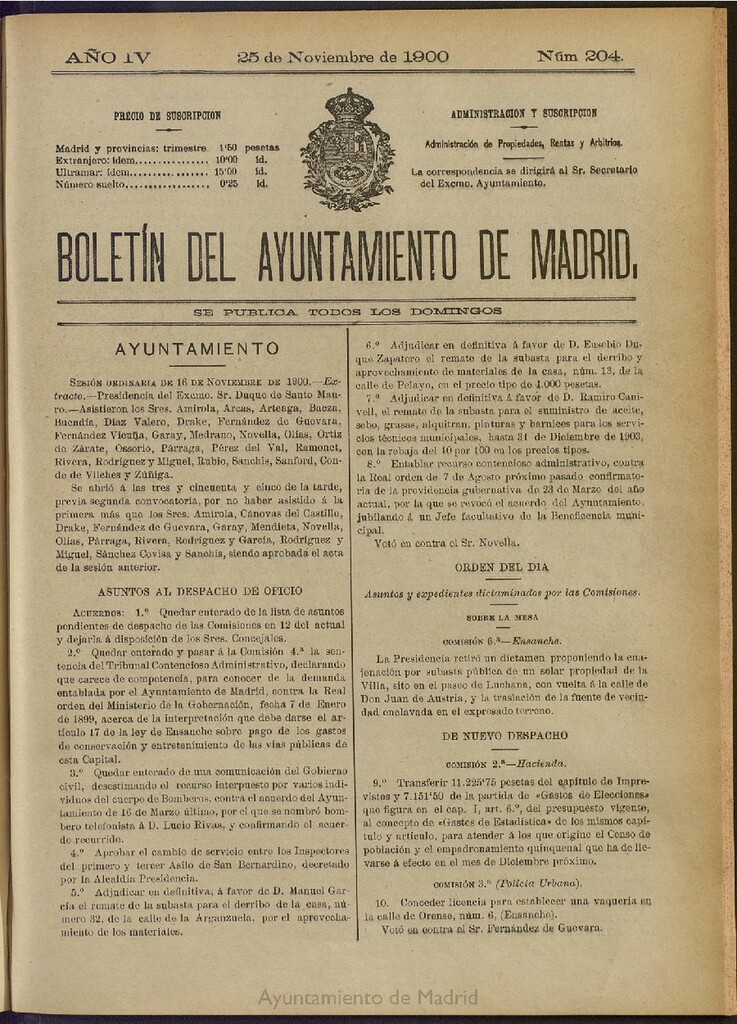 Miniatura de Boletín Oficial del Ayuntamiento de Madrid de 25 de noviembre de 1900, nº 204