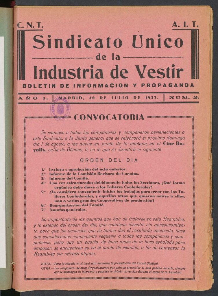 Miniatura de Sindicato Único de la Industria del Vestir : boletín de información y propaganda