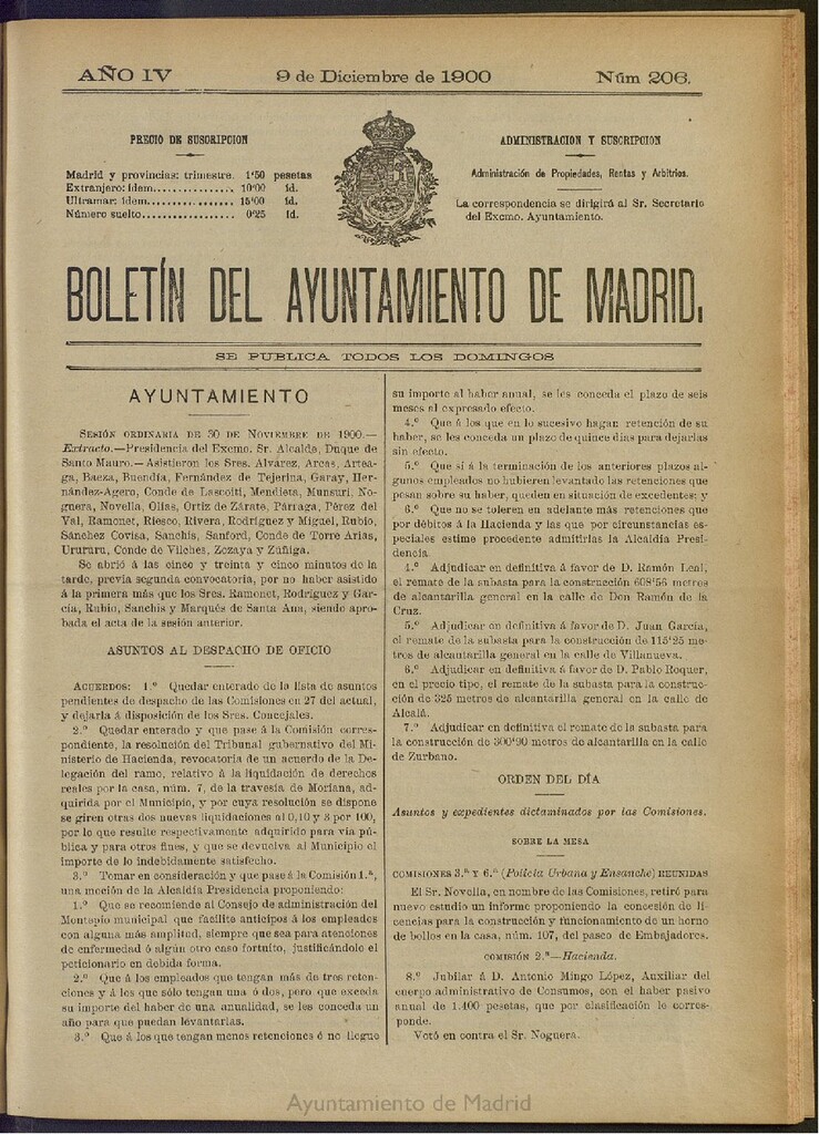 Miniatura de Boletín Oficial del Ayuntamiento de Madrid de 09 de diciembre de 1900, nº 206