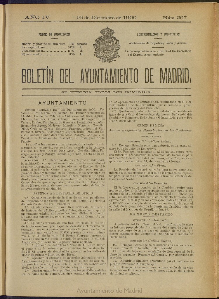 Miniatura de Boletín Oficial del Ayuntamiento de Madrid de 16 de diciembre de 1900, nº 207