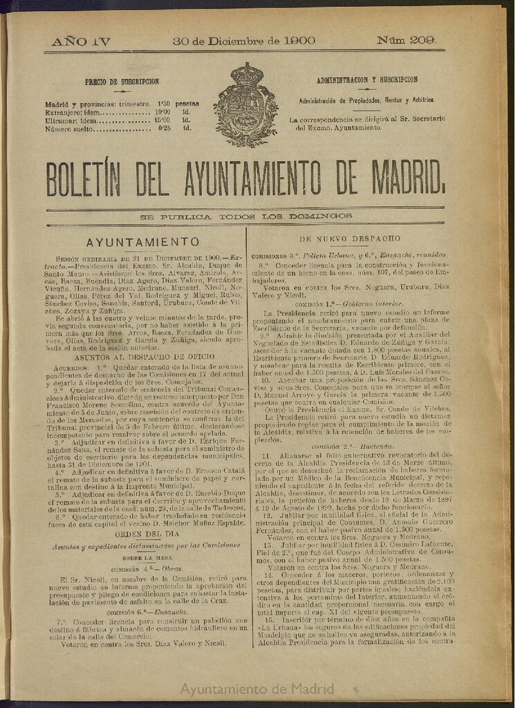Miniatura de Boletín Oficial del Ayuntamiento de Madrid de 30 de diciembre de 1900, nº 209