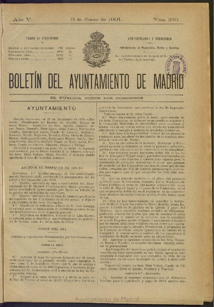 Miniatura de Boletín Oficial del Ayuntamiento de Madrid de 06 de enero de 1901, nº 210