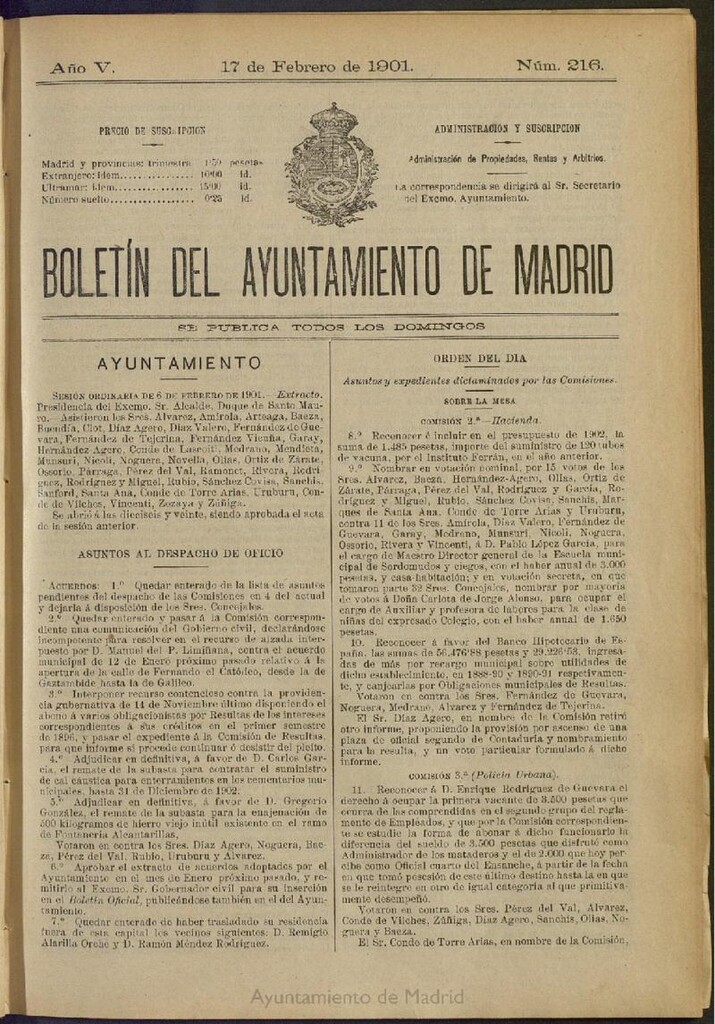 Miniatura de Boletín Oficial del Ayuntamiento de Madrid de 17 de febrero de 1901, nº 216