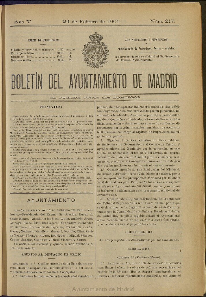 Miniatura de Boletín Oficial del Ayuntamiento de Madrid de 24 de febrero de 1901, nº 217