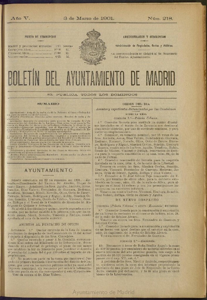 Miniatura de Boletín Oficial del Ayuntamiento de Madrid de 03 de marzo de 1901, nº 218