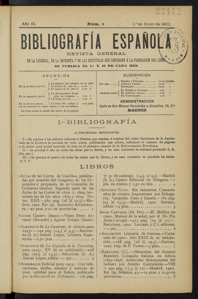 Miniatura de Bibliografía Española del 1 de enero de 1903