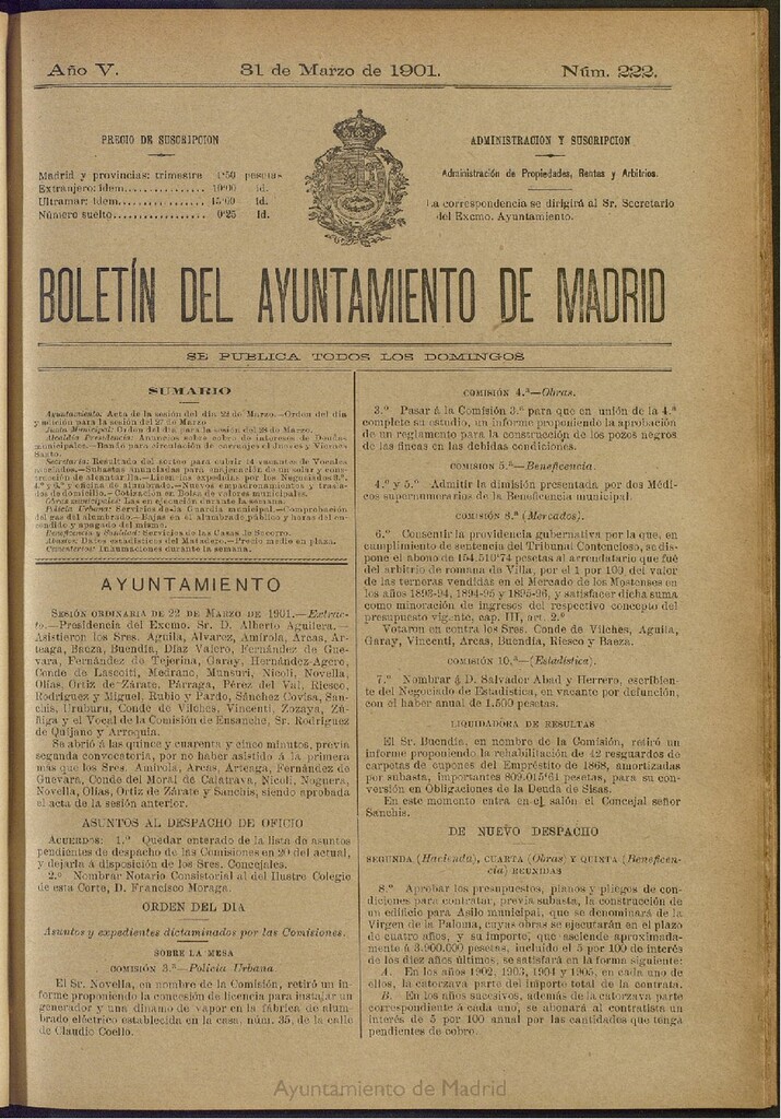 Miniatura de Boletín Oficial del Ayuntamiento de Madrid de 31 de marzo de 1901, nº 222