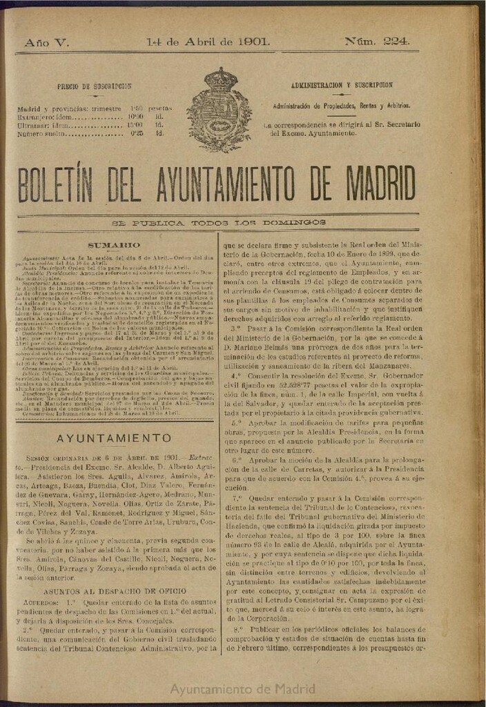 Miniatura de Boletín Oficial del Ayuntamiento de Madrid de 14 de abril de 1901, nº 224