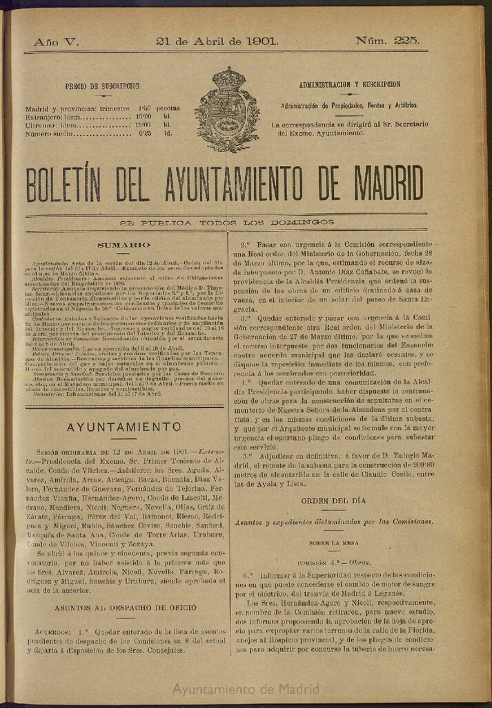 Miniatura de Boletín Oficial del Ayuntamiento de Madrid de 21 de abril de 1901, nº 225