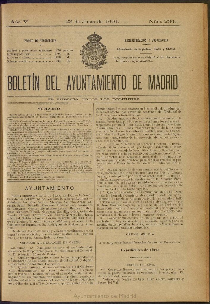 Miniatura de Boletín Oficial del Ayuntamiento de Madrid de 23 de junio de 1901, nº 234