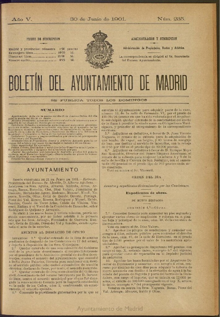 Miniatura de Boletín Oficial del Ayuntamiento de Madrid de 30 de junio de 1901, nº 235