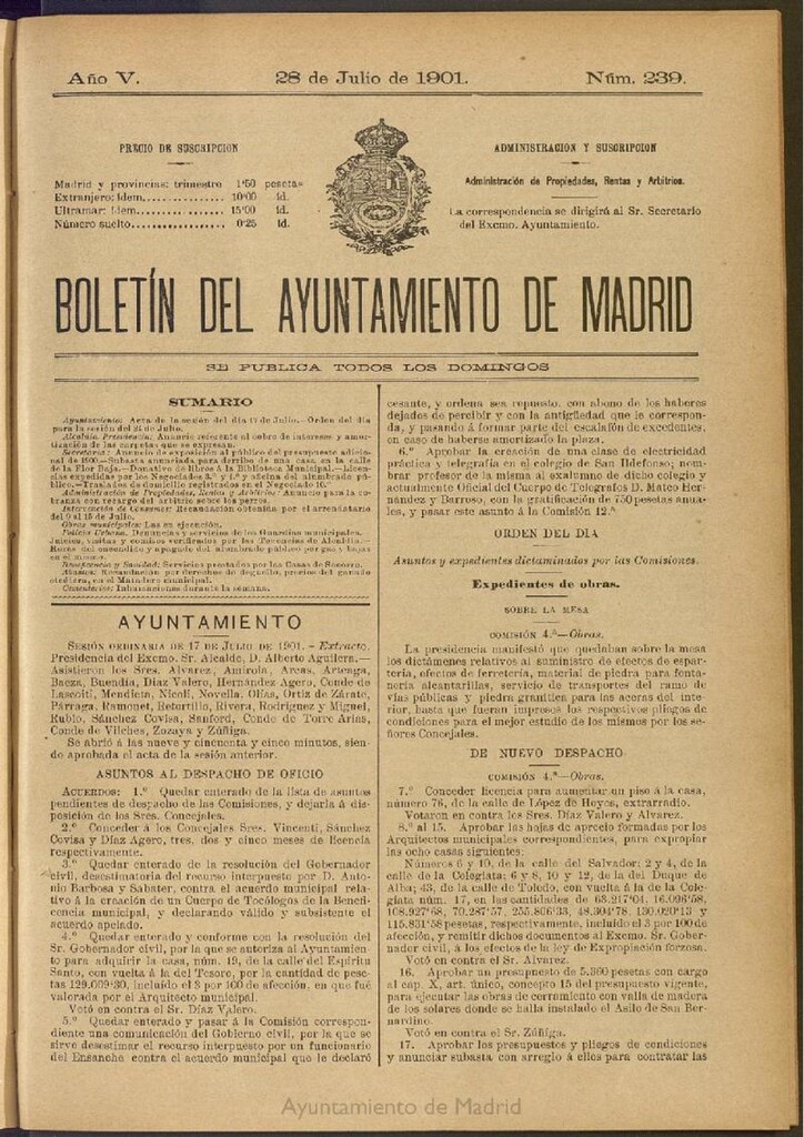 Miniatura de Boletín Oficial del Ayuntamiento de Madrid de 28 de julio de 1901, nº 239