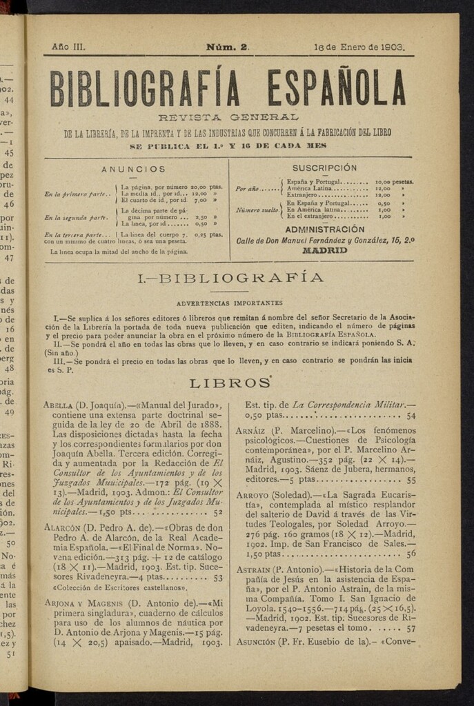 Miniatura de Bibliografía Española del 16 de enero de 1903